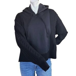 La Ligne Black Pullover 100% Wool Cable Knit Contrast Hooded Sweater Size Small